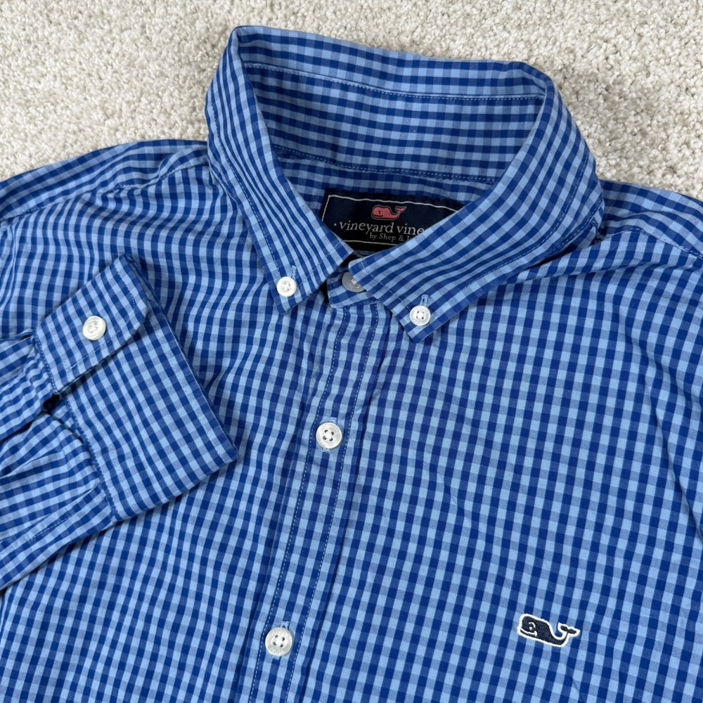 Vineyard Vines Button Down Mens M Blue Gingham Slim Fit Whale Shirt Long Sleeve